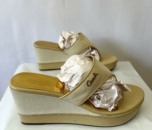 Coach Felicia Wedge Thong Sandal Size 7.5 B Ivory & Camel Patent Leather - Picture 2 of 9