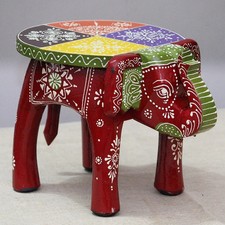 Orange & Green Hand Painted Elephant Stool Decorative Wooden Miniature Table