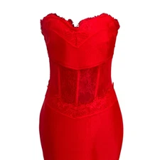 NWT Fashion Nova L Vera Metallic Red Strapless Lace Corset Maxi Gown Gala Vamp