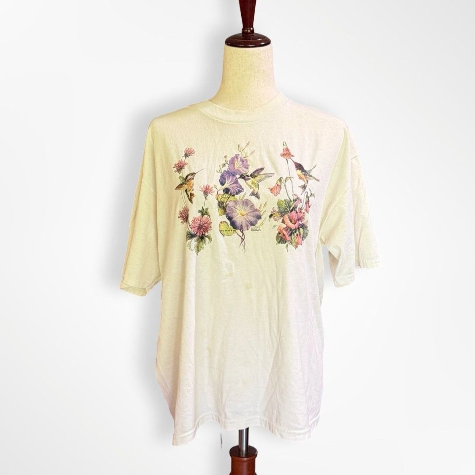 VTG Hanes, Humming Bird Art Print T-Shirt, L Carolyn Shores Wright 90s cottage