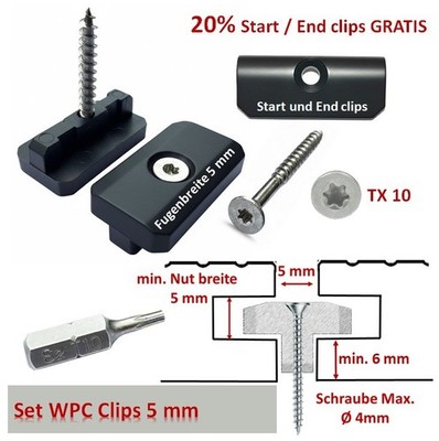WPC Clips Befestigung Klammern Terrassendielen Montageclip 5mm+20Endclips GRATIS