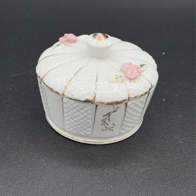 Vintage Porcelain Floral Trinket Box Round Ceramic Jewelry Dish Lid Gold Japan