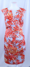 Adrianna Papell Dress Coral Orange Blue Floral Sheath Ruched Casual Work Sz 8
