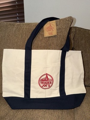 Trader Joe's Canvas Reusable Shopping Bag Foldable Beige Navy Blue