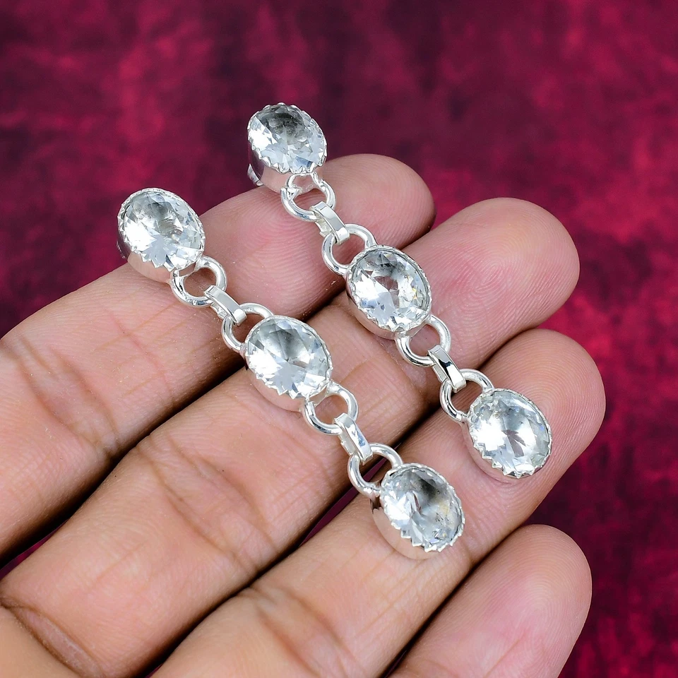 White Topaz Gemstones Handmade 925 Sterling Silver Beautiful Earrings Jewelry - Image 4 of 4