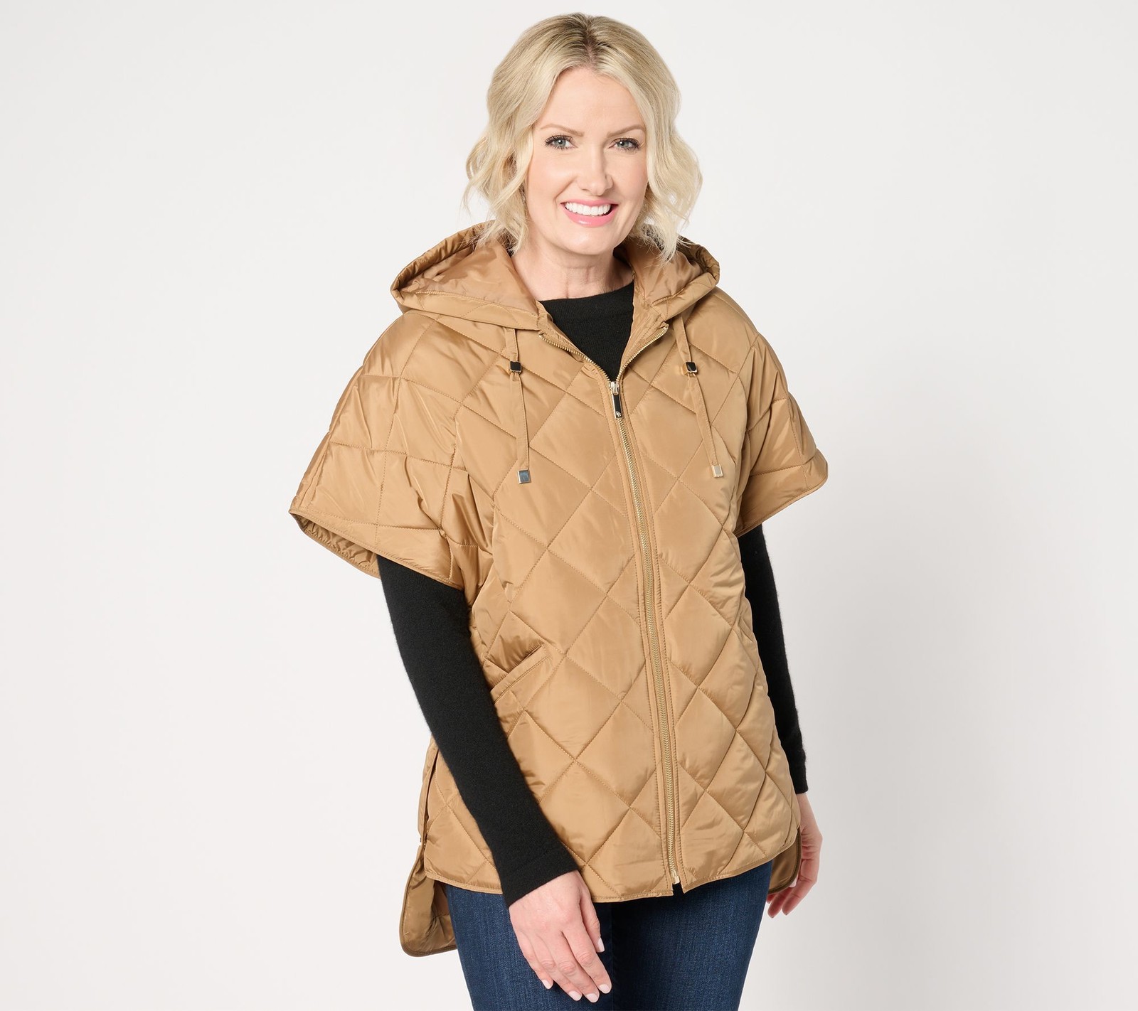 Dennis Basso Women's Jacket Sz S Quilted Zip Front Poncho Hood DARK BEIGE