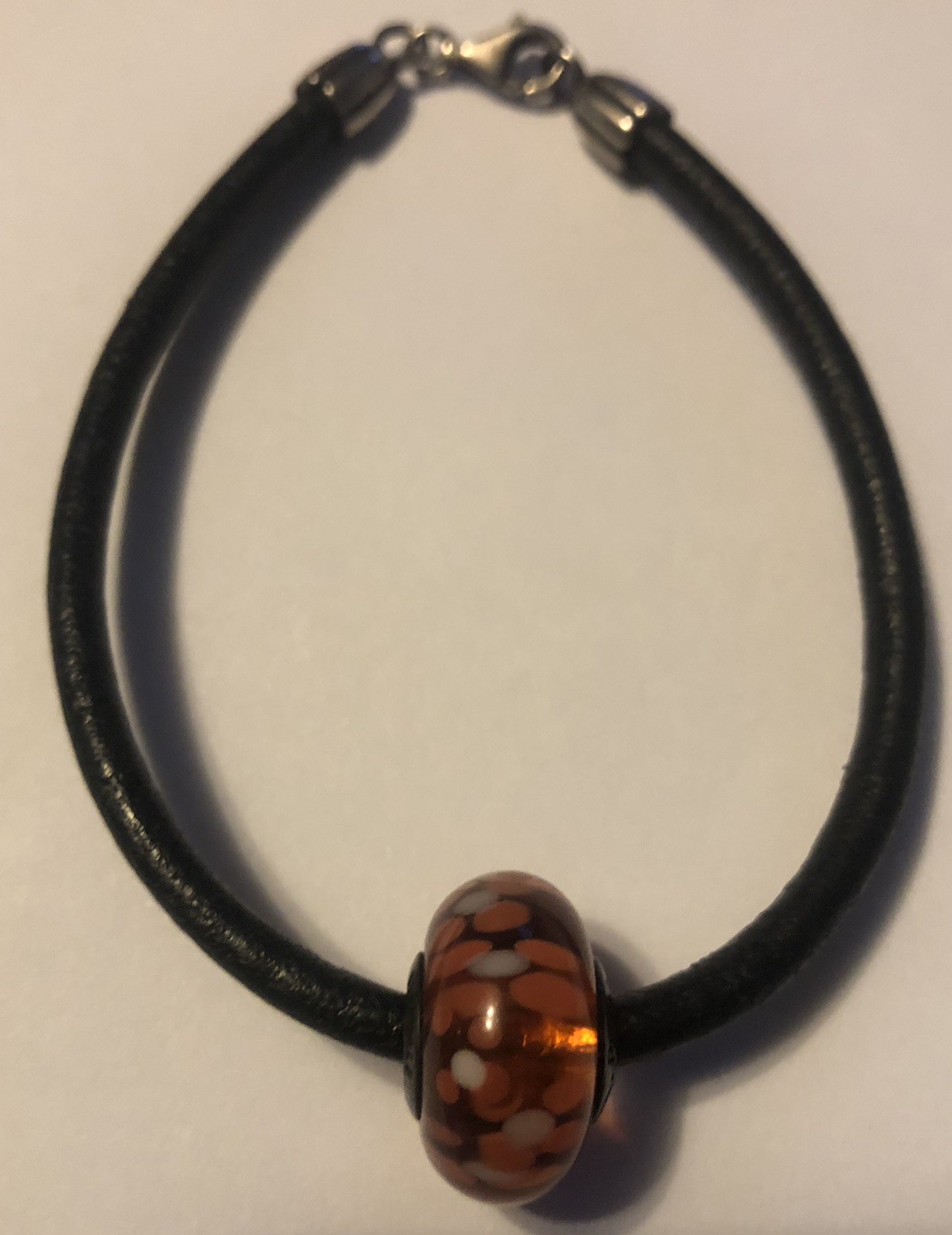 Pandora Sterling Silver Leather Bracelet with Murano Glass Bead 6 Inch