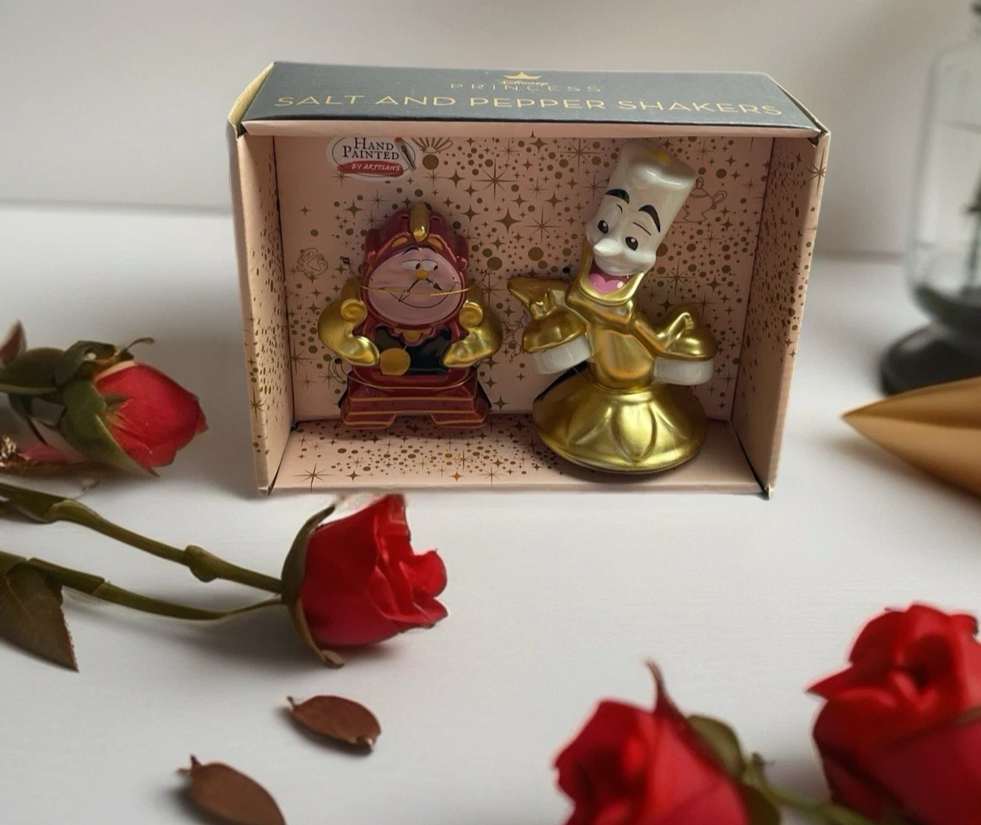 Beauty & The Beast Cogsworth & Lumiere Salt & Pepper Shakers 4" & 5.25" NEW