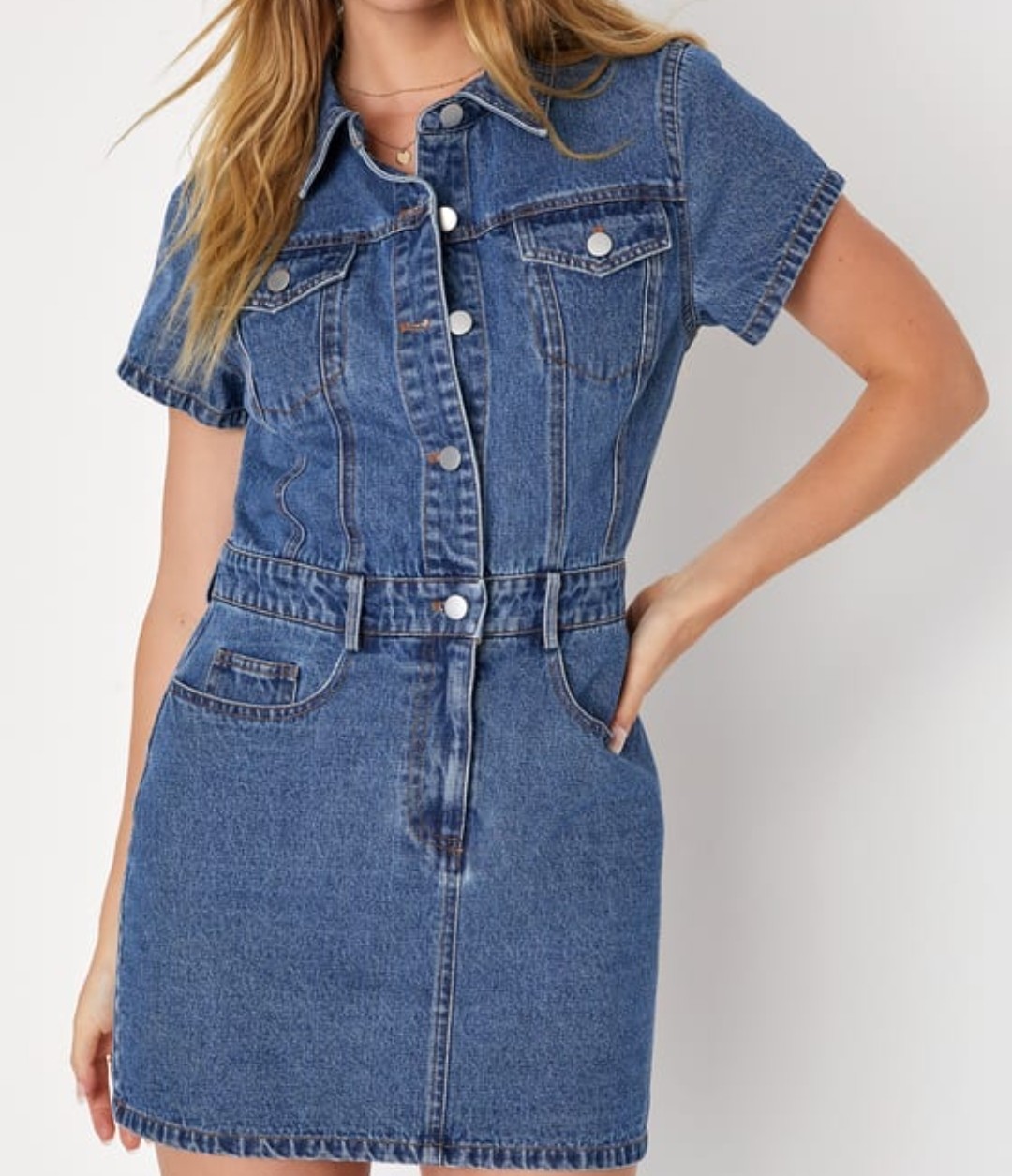 Women’s Forever 21 Denim Button Zip Front Mini Dress Size M Short Sleeve Retro