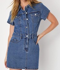 Women’s Forever 21 Denim Button Zip Front Mini Dress Size M Short Sleeve Retro