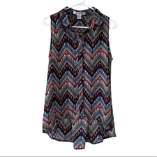 SANS SOUCI Sleeveless Button Down Geometric Print Blouse Size Medium Multicolor