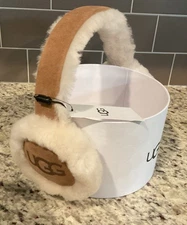 UGG Women’s Shearling Sheepskin Earmuffs Leather Trim Chestnut NIB