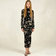 NWT Farm Rio Cerrado Sky Tulle Midi Dress Long Sleeves Size XXS Black and Cream