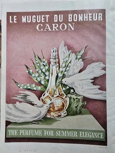 1959 Le Muguet Du Bonheur Caron Perfume Bottle Dove Art Vintage Color Ad 