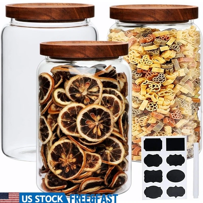 Borosilicate Glass Storage Jars W/ Acacia Wood Lids & Labels Food Organization