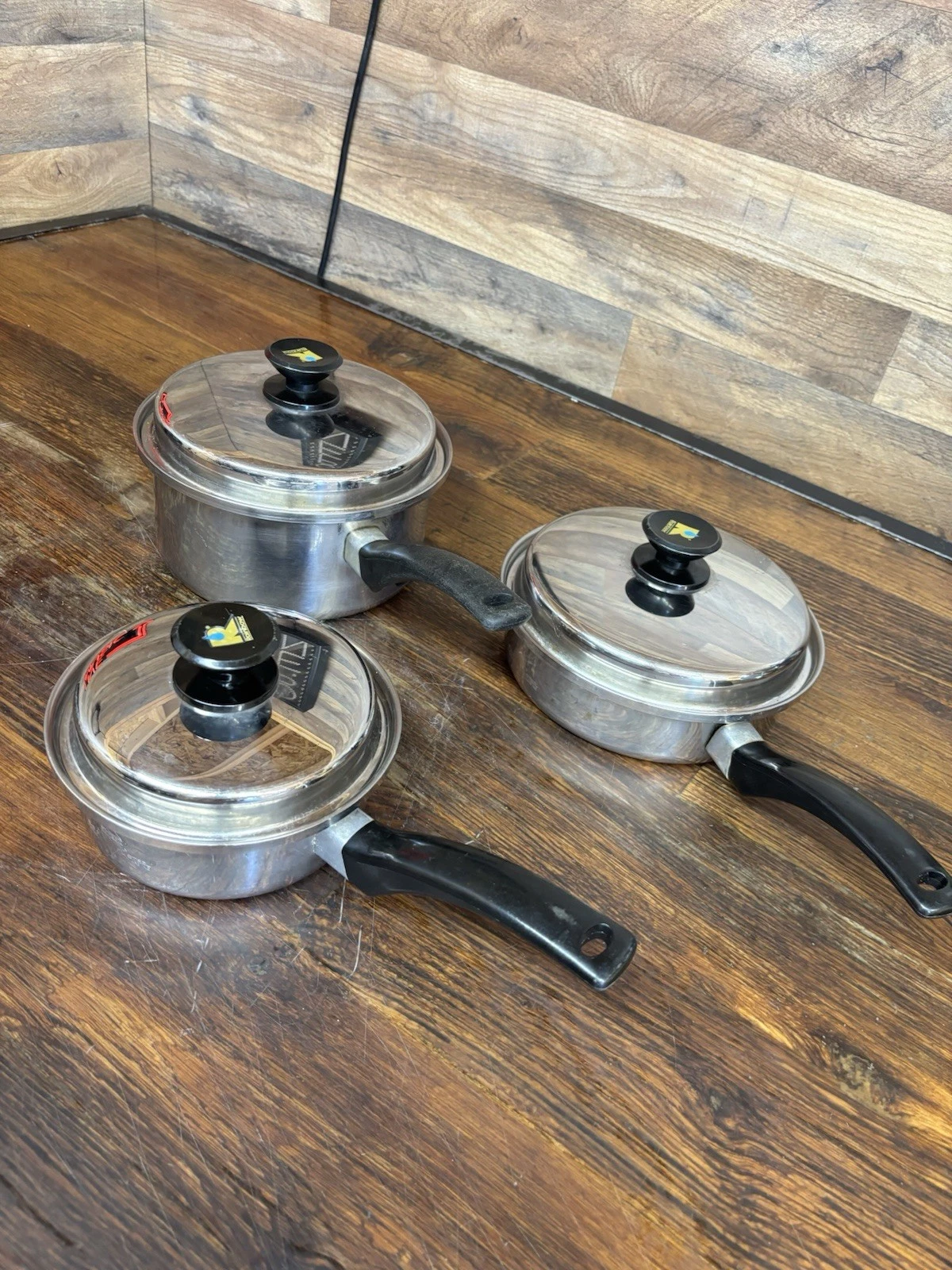 Vtg Rainbow 6 Piece Stainless Multi-Ply 18-8 Surgical Steel Sauce Pans with Lids