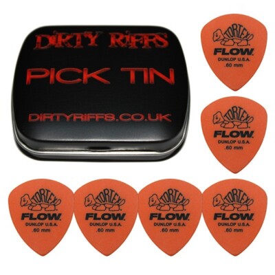 6 x Dunlop Tortex Flow Standard 0,60 mm Gitarren-Plektren Gitarrenplektren in einer Plektrum-Dose