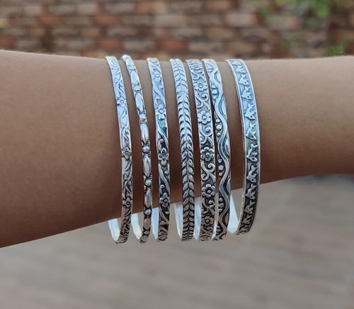 Solid 925 Sterling Silver 7 Set Designer Stackable Boho engraved Bangles SD04 - Picture 2 of 6