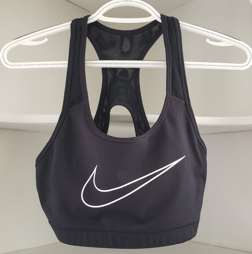 Nike Logo Sports Bra Size L Black Dri Fit Support Mesh Racer Back Keyhole Detail - Picture 1 of 7