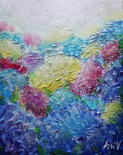 Hydrangeas in Bloom: A Pastel Sea of Flowers, Original Impasto Painting Signed - Picture 2 of 7