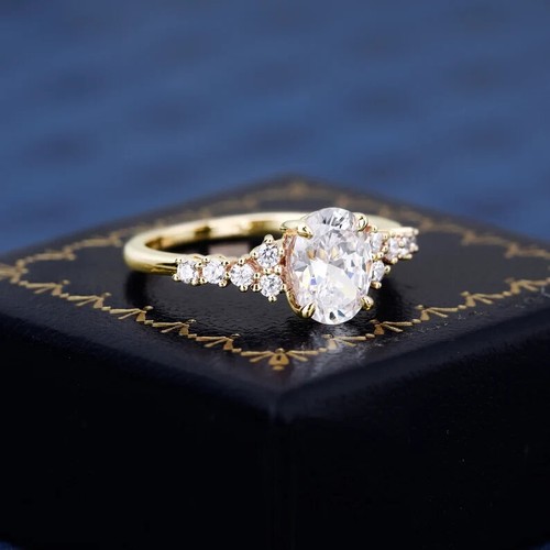 D/VVS1 Oval Cut Moissanite Ring For Women Cluster Engagement Ring Rose Gold Over - Picture 6 of 7