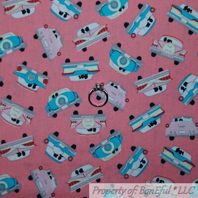 BonEful Fabric FQ Cotton Quilt Pink Aqua Teal Blue VTG Classic Sport Car Antique
