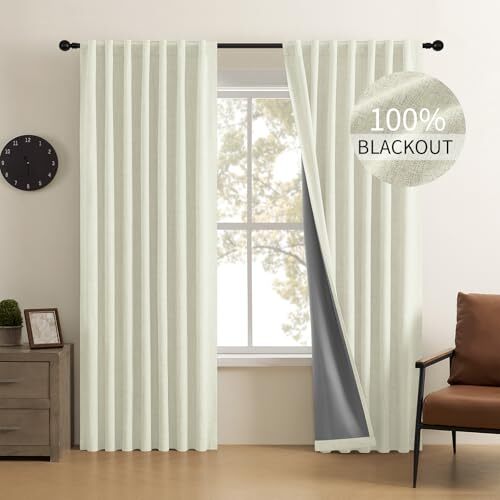 Linen 100% Blackout Curtains 96 Inch 52"W x 96"L (Pack of 2) Light Beige - Picture 4 of 6