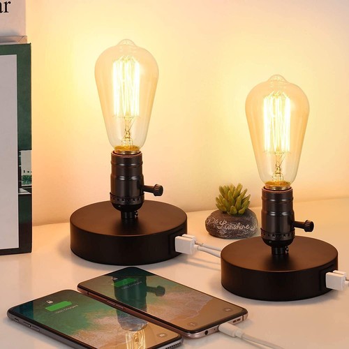 Industrial Table Lamp Set of 2 with 2 USB Ports Retro Bedroom Bedside Lamp Gift