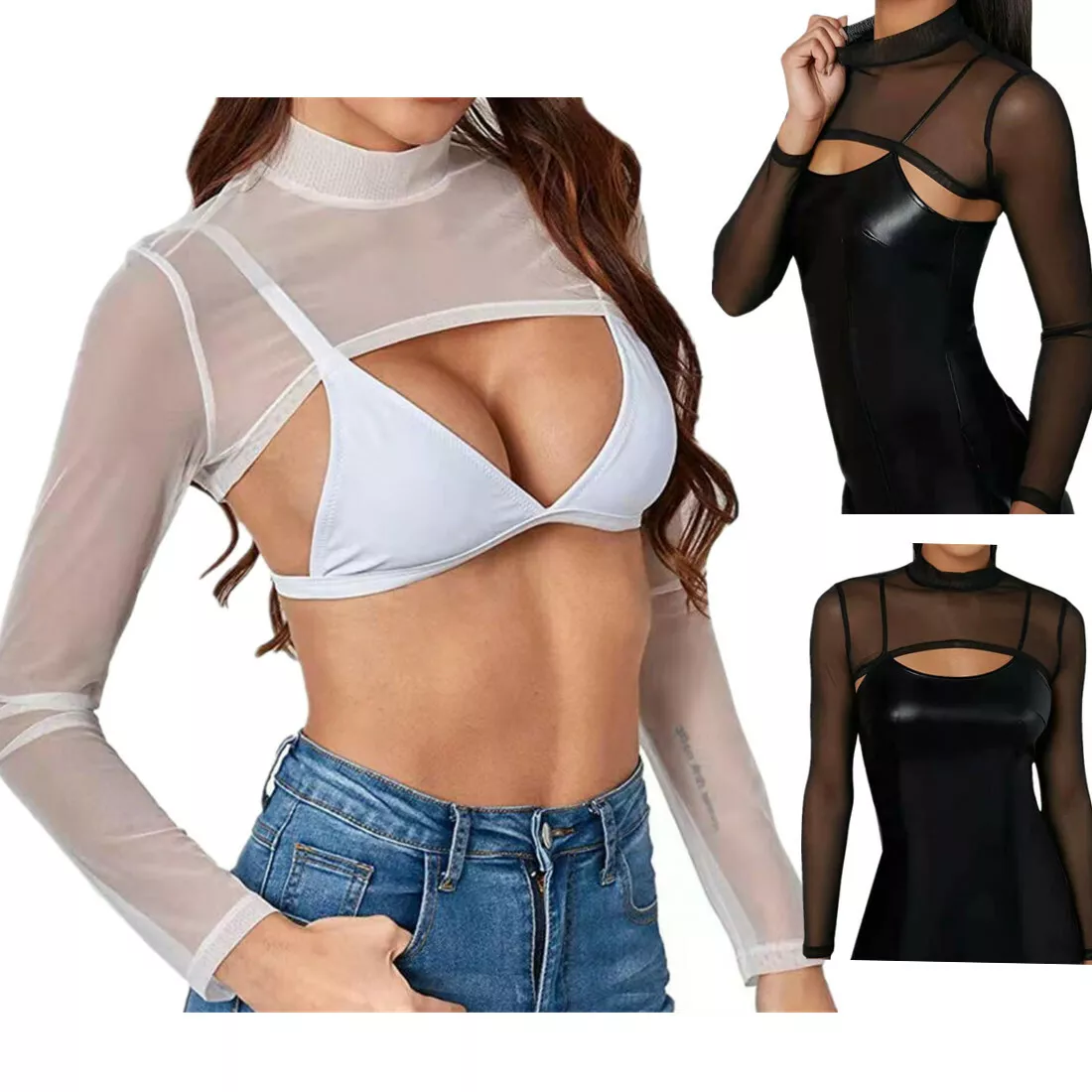 Women See-through Mesh Crop Top Mock Neck Long Sleeve T-shirt Beach Cover  Up Top