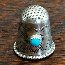 Vintage Sterling Silver Thimble With Turquoise Accent & Intricate Design