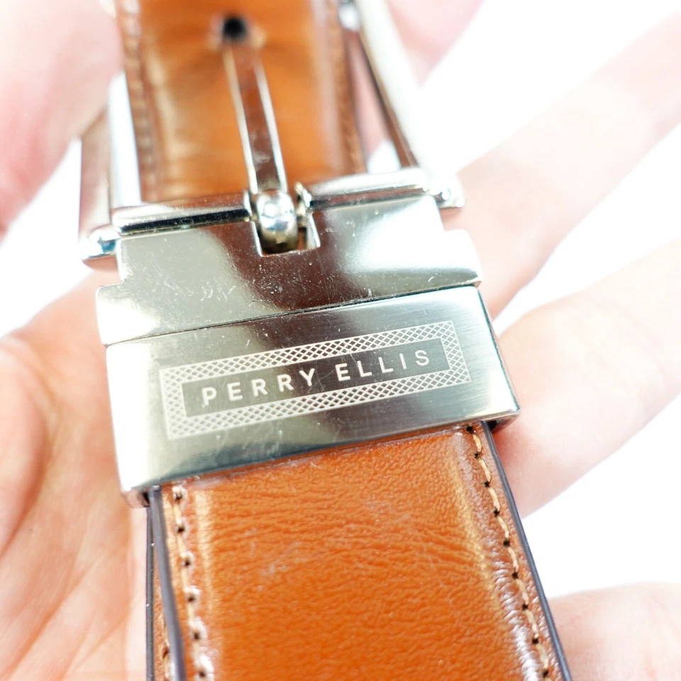 Perry Ellis Belt Men Size 42 Black Faux Leather Dress Reversible Silver Buckle - Image 4 of 4