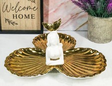 Ebros Mermaid With 3 Golden Clam Shells Jewelry Dish Holder Figurine Decor 9"L