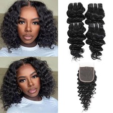 Deep Wave Bundles Human Hair with 4 4 Lace Closure 100 Unprocessed Virgin Hair