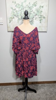 Land's End Size M-L Purple Floral Gathered Waist Kaftan Swim Coverup Dress  