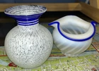 Pair art glass pcs FENTON BLUE RIDGE ROSE BOWL & White Rigaree Blue Swirl Vase