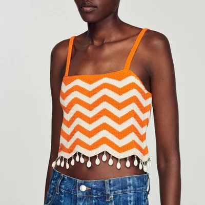Sandro Paris Crop Top Femme Maille Orange Rayé Perlé T3 L 40 SFPPU01919 - Photo 1/4