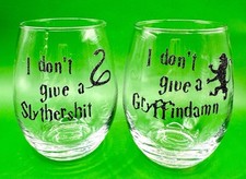 PAIR Harry Potter Stemless Wine Glasses Gryffindor Slitherin Hogwarts Bar Ware