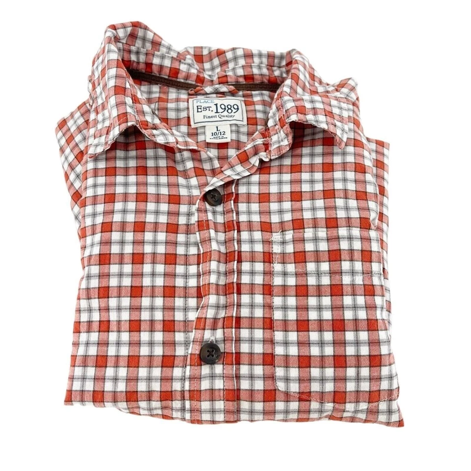 The Childrens Place Orange Plaid Button-Up Shirt Large 10/12 Country Western - Image 3 of 4