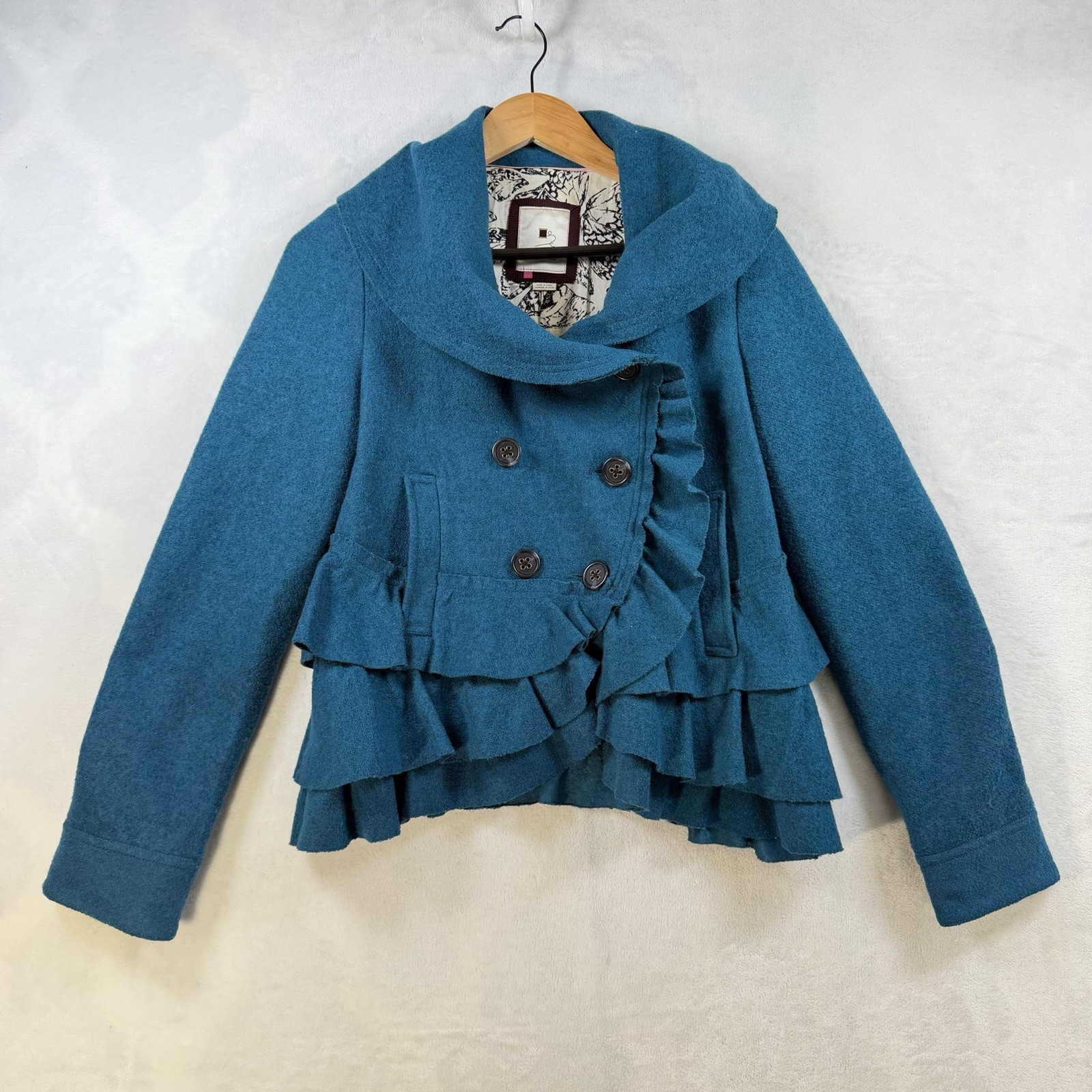 Elevenses Jacket Womens S Teal Ruffle Peplum Cropped Double Breasted Wool Blend