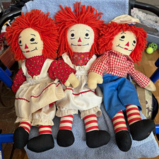 Lot of 3 Raggedy Ann Andy Cloth Dolls Red Yarn Hair Striped Legs 15 in