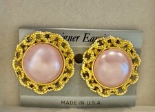 Vintage Runway Couture Statement Pink Pearl Cabochon Gold Rope Earrings