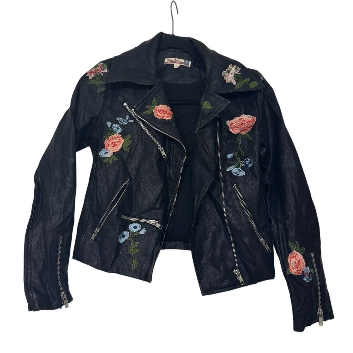 Faux Leather Outer Shell Motorcycle Jacket Floral Coats, Jackets