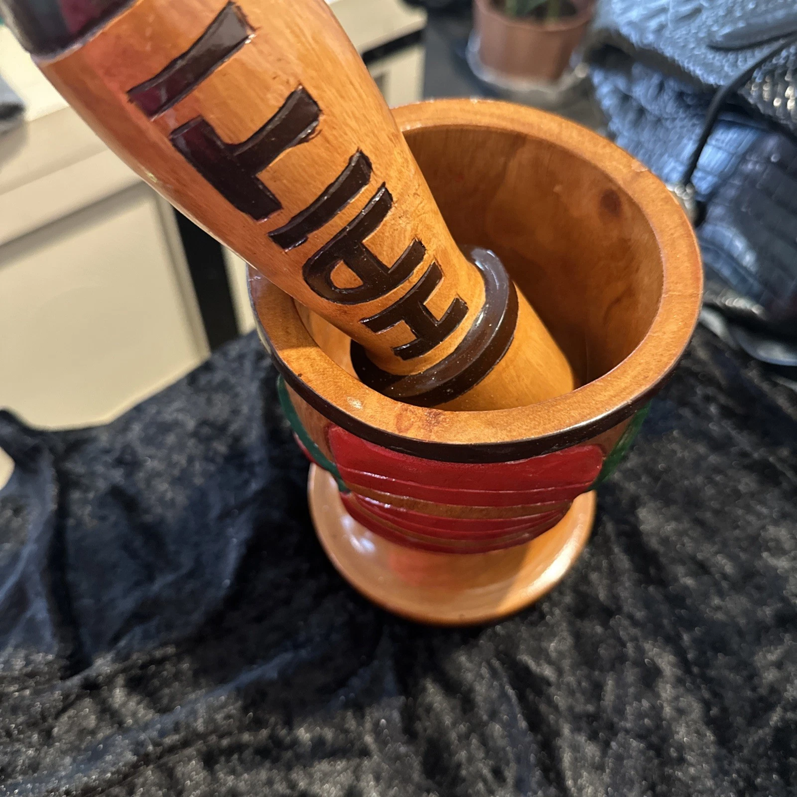 Vintage Wooden Mortar & Pestle Hand Made Carvings Made In Haiti 7”