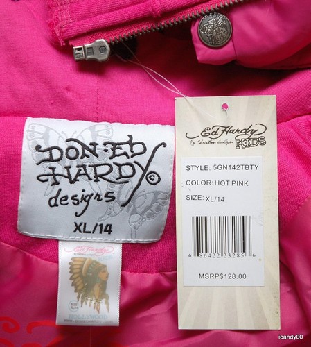 Nwt Ed Hardy Girls Nylon/Cotton Butterfly Hoodie Jacket Vest Top Hot Pink L (12) - Picture 5 of 6