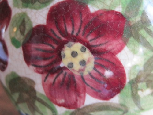 ANTIQUE HANDPAINTED "PEACOCK-FLOWER & FRUIT" 7 1/2 TALL PITCHER-VASE WITH HANDLE - Picture 6 of 12