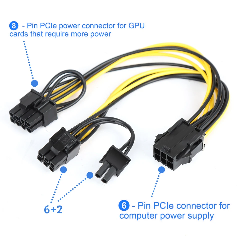 5pcs PCIE 6 pin Female to Dual PCI-E 6+2 pin 8P Male GPU Power Cable Splitter - Image 2 of 4
