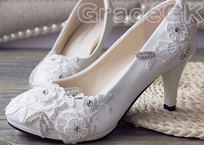 Lace white ivory crystal Wedding shoes Bridal flats low high heel pump size 5-12