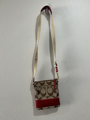 Coach Signature Brown Canvas Crossbody Burgundy Red Stripe Leather 