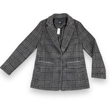Gap Blazer Women Medium Black Gray Plaid Long Sleeve Jacket Button Wool Blend