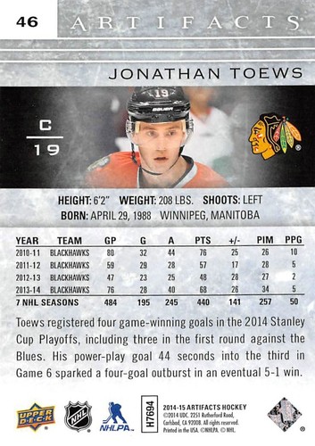 2014-15 Artifacts Emerald #46 Jonathan Toews /99 - Picture 2 of 2